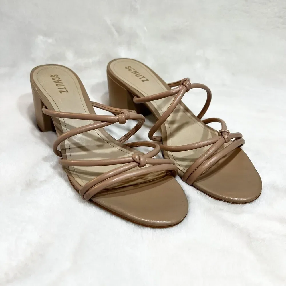 Schutz Princey Leather Sandals Shoes Block Heels Women’s 10 B True Beige Tan